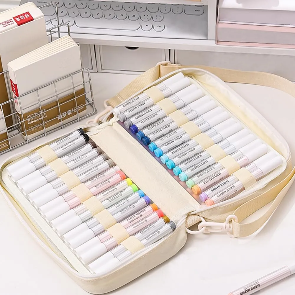 Marker Organizer Case for 64 paint markers, Marker Carrying Bag with Handle, Waterproof Pen Pouch Bag for Travel, Office, Off White(Excluding Marker)