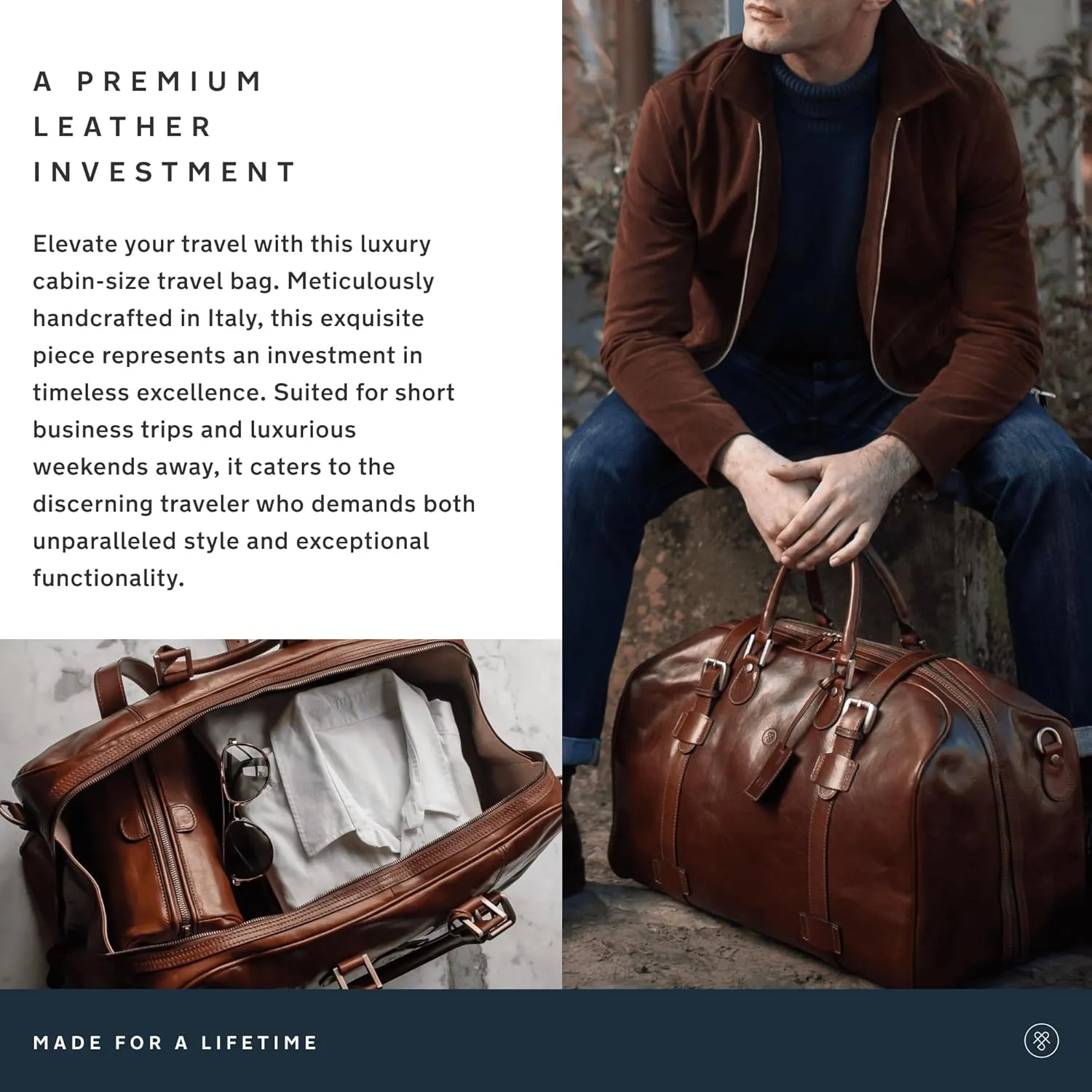 Maxwell Scott Men's Italian Leather Duffle Bag - Luxury Handmade Travel Weekender, 38L Carry-On Cabin Size with Dual Floor-To-Floor Zip Opening - Dark Brown (The FleroM)