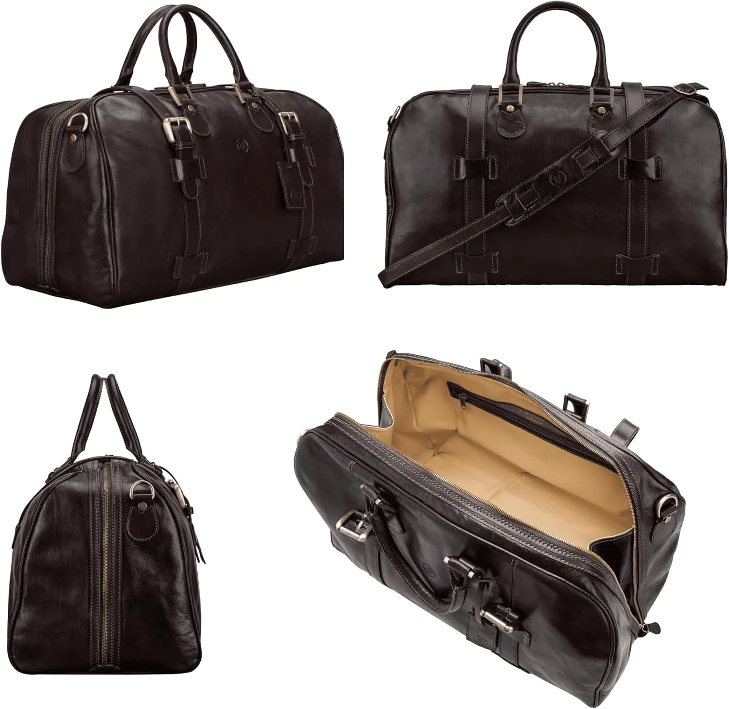 Maxwell Scott Men's Italian Leather Duffle Bag - Luxury Handmade Travel Weekender, 38L Carry-On Cabin Size with Dual Floor-To-Floor Zip Opening - Dark Brown (The FleroM)