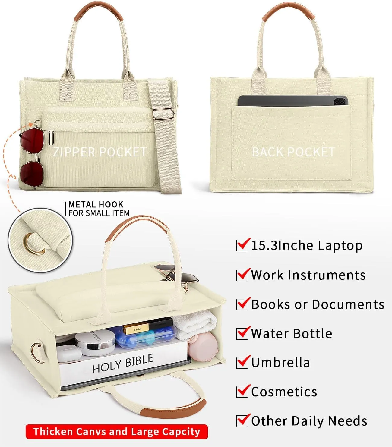 Medium Canvas Tote Bag for Women, Womens Tote Bag for School Bags Travel Crossbody Purse With Zipper Pocket