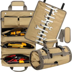 Meedo Tool Bag Roll Up, Heavy Duty Tool Organizer Bag for Men, Portable Tool Storage Bag with 2 Detachable Tool Pouches and 10 Pockets Wrench Roll Organizer, Compact for Electrician Mechanic