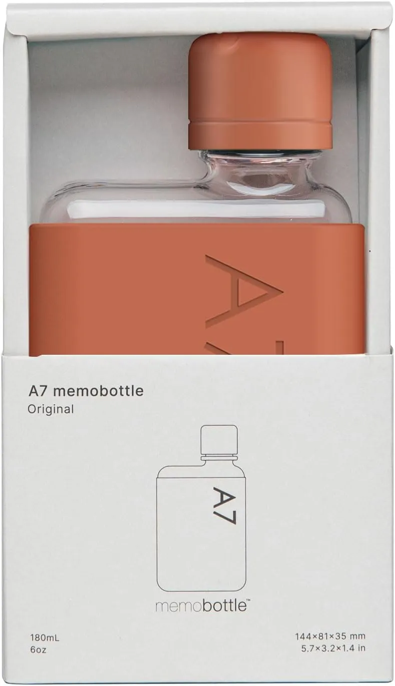 memobottle A7 (Terracotta) Bundle - 6oz (180ml) - Bottle, Silicone Sleeve & lid | Compact Flat Bottle for Bags & Pockets | BPA Free Tritan | Modern & Minimalist | for Gym, Work & Travel