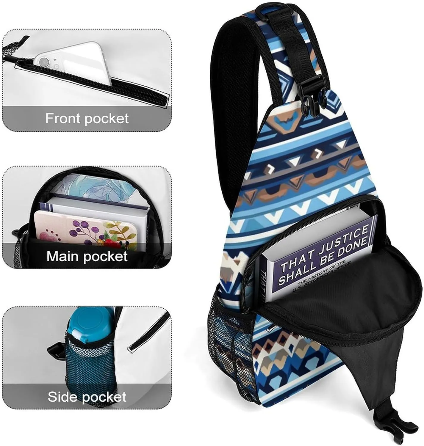 Men & Women Gym Crossbody Sack Satchel Outdoor Hiking Bag, Colorful Surf Blue Tribal Navajo Aztec Geometric Ethnic Pattern Sling Backpack Bag for Running Hiking Cycling Gym - Unbalance Tote Bags