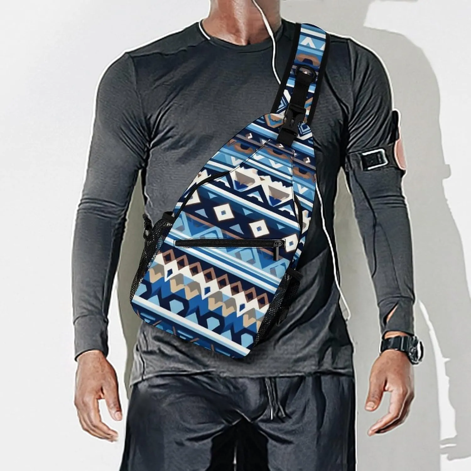 Men & Women Gym Crossbody Sack Satchel Outdoor Hiking Bag, Colorful Surf Blue Tribal Navajo Aztec Geometric Ethnic Pattern Sling Backpack Bag for Running Hiking Cycling Gym - Unbalance Tote Bags