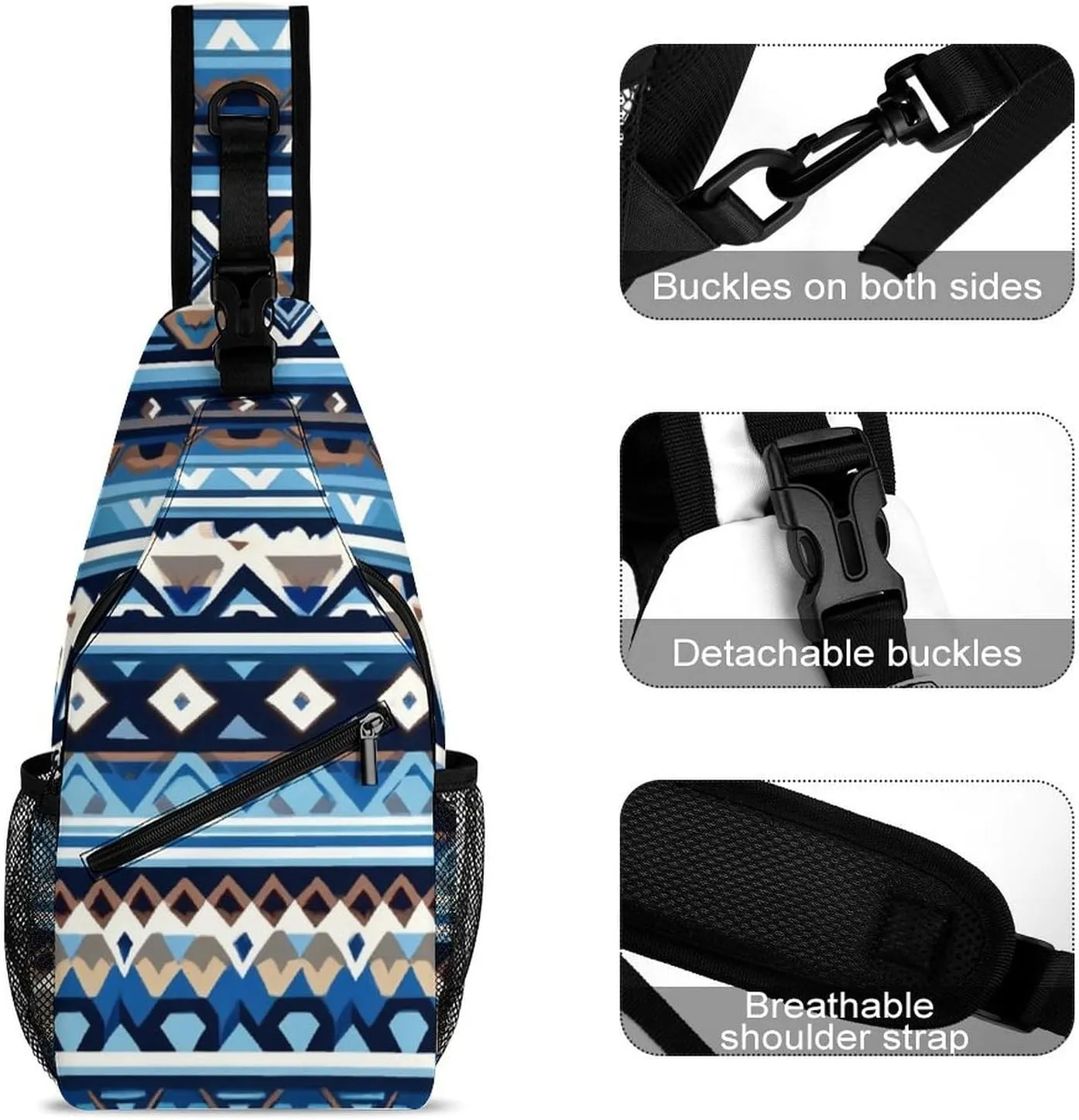 Men & Women Gym Crossbody Sack Satchel Outdoor Hiking Bag, Colorful Surf Blue Tribal Navajo Aztec Geometric Ethnic Pattern Sling Backpack Bag for Running Hiking Cycling Gym - Unbalance Tote Bags