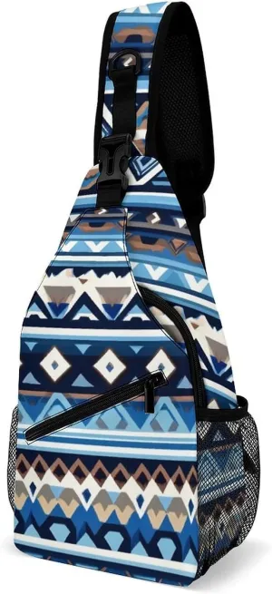 Men & Women Gym Crossbody Sack Satchel Outdoor Hiking Bag, Colorful Surf Blue Tribal Navajo Aztec Geometric Ethnic Pattern Sling Backpack Bag for Running Hiking Cycling Gym - Unbalance Tote Bags