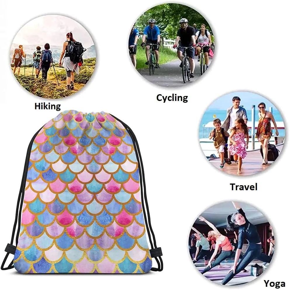 Mermaid Scales Drawstring Bags Backpack Bag Watercolor Animal Fish Mermaid Tale Pattern Cool Design Modern Sport Gym Sack Drawstring Bag String Bag Yoga Bag for Men Women