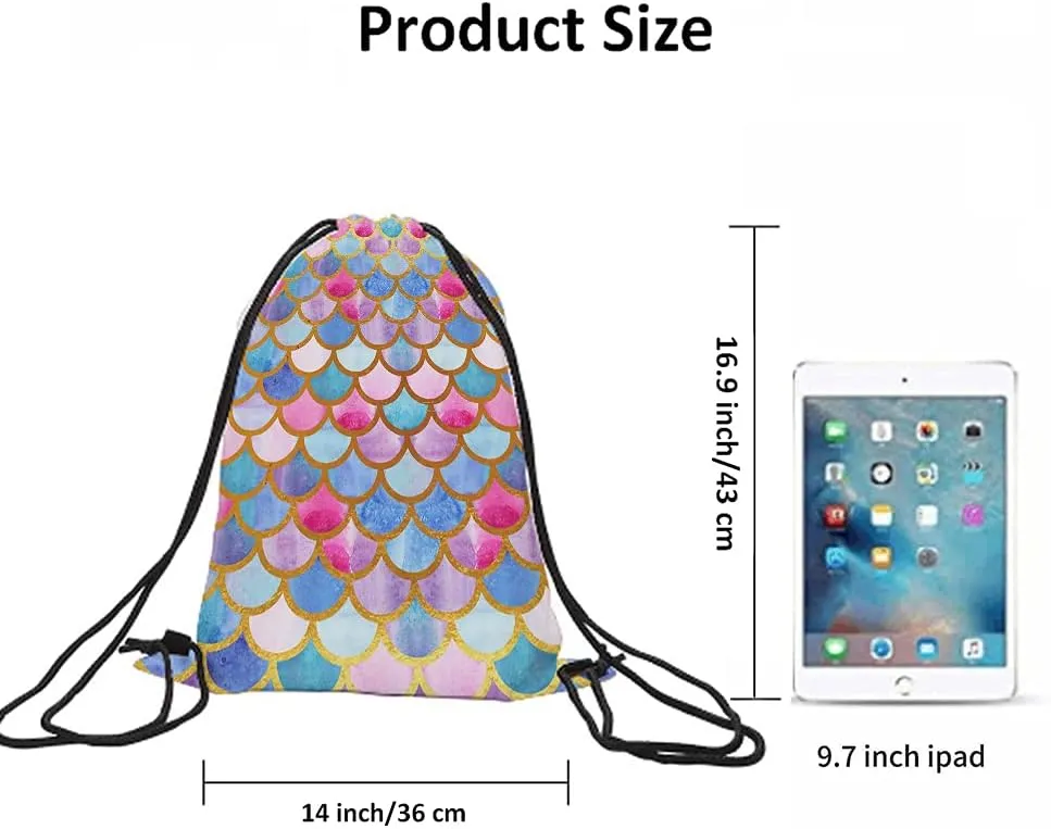 Mermaid Scales Drawstring Bags Backpack Bag Watercolor Animal Fish Mermaid Tale Pattern Cool Design Modern Sport Gym Sack Drawstring Bag String Bag Yoga Bag for Men Women