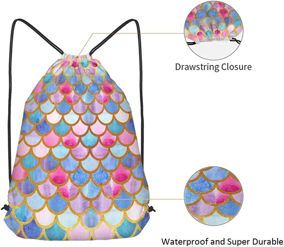 Mermaid Scales Drawstring Bags Backpack Bag Watercolor Animal Fish Mermaid Tale Pattern Cool Design Modern Sport Gym Sack Drawstring Bag String Bag Yoga Bag for Men Women