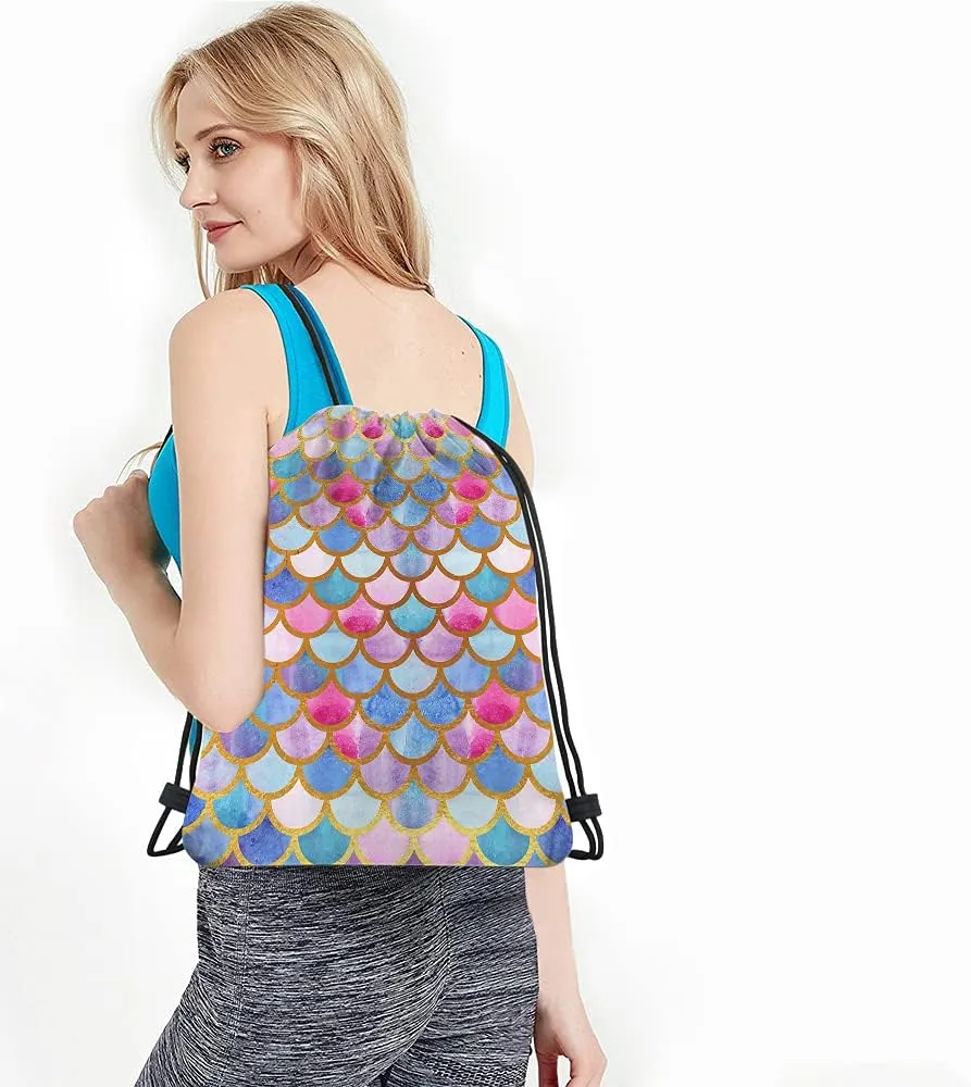 Mermaid Scales Drawstring Bags Backpack Bag Watercolor Animal Fish Mermaid Tale Pattern Cool Design Modern Sport Gym Sack Drawstring Bag String Bag Yoga Bag for Men Women