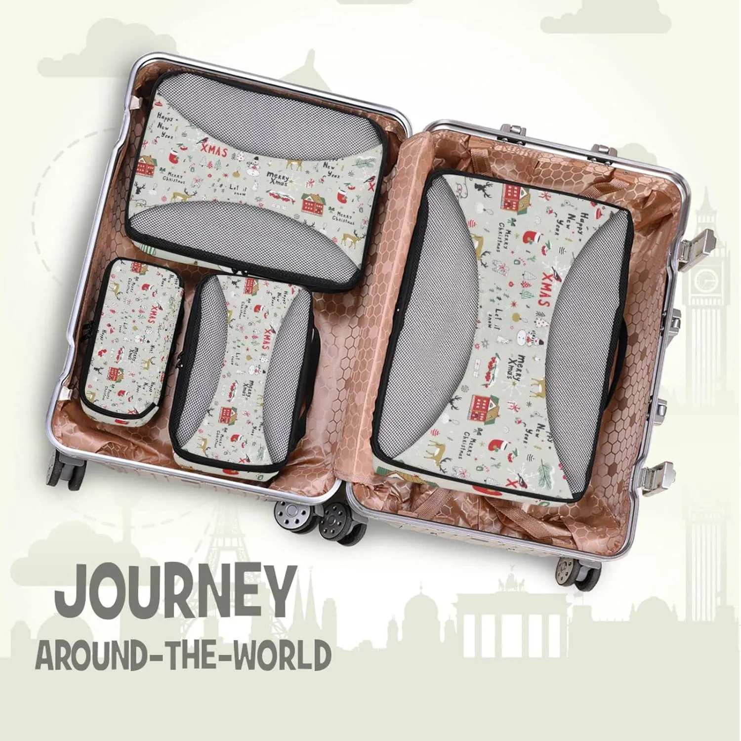 Merry Christmas Cartoon Reindeers Snowman Trees on Grey 4 PCs Set Packing Bags, Luggage Organizer Bag, Portable Cube Toiletry bag, Durable Travel Cosmetic Storage Bag for Men Women