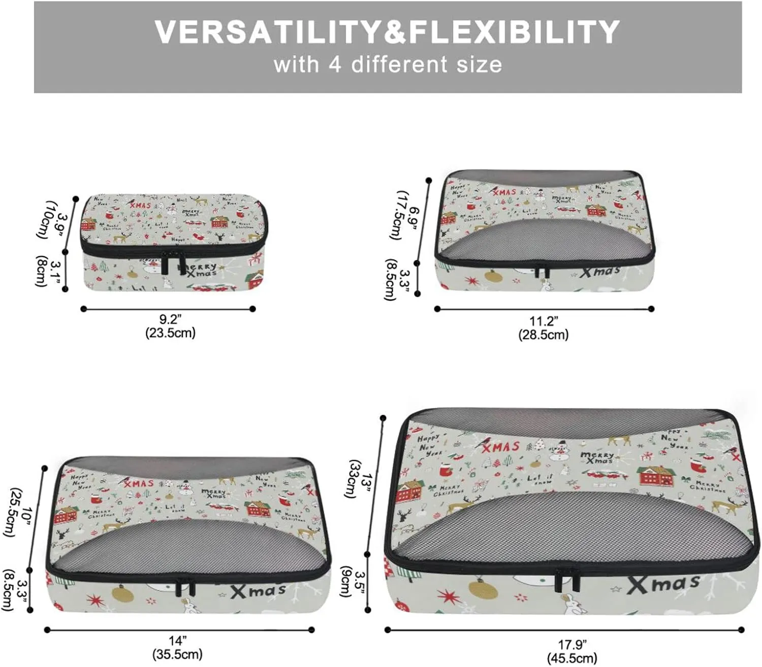 Merry Christmas Cartoon Reindeers Snowman Trees on Grey 4 PCs Set Packing Bags, Luggage Organizer Bag, Portable Cube Toiletry bag, Durable Travel Cosmetic Storage Bag for Men Women