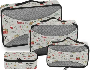 Merry Christmas Cartoon Reindeers Snowman Trees on Grey 4 PCs Set Packing Bags, Luggage Organizer Bag, Portable Cube Toiletry bag, Durable Travel Cosmetic Storage Bag for Men Women