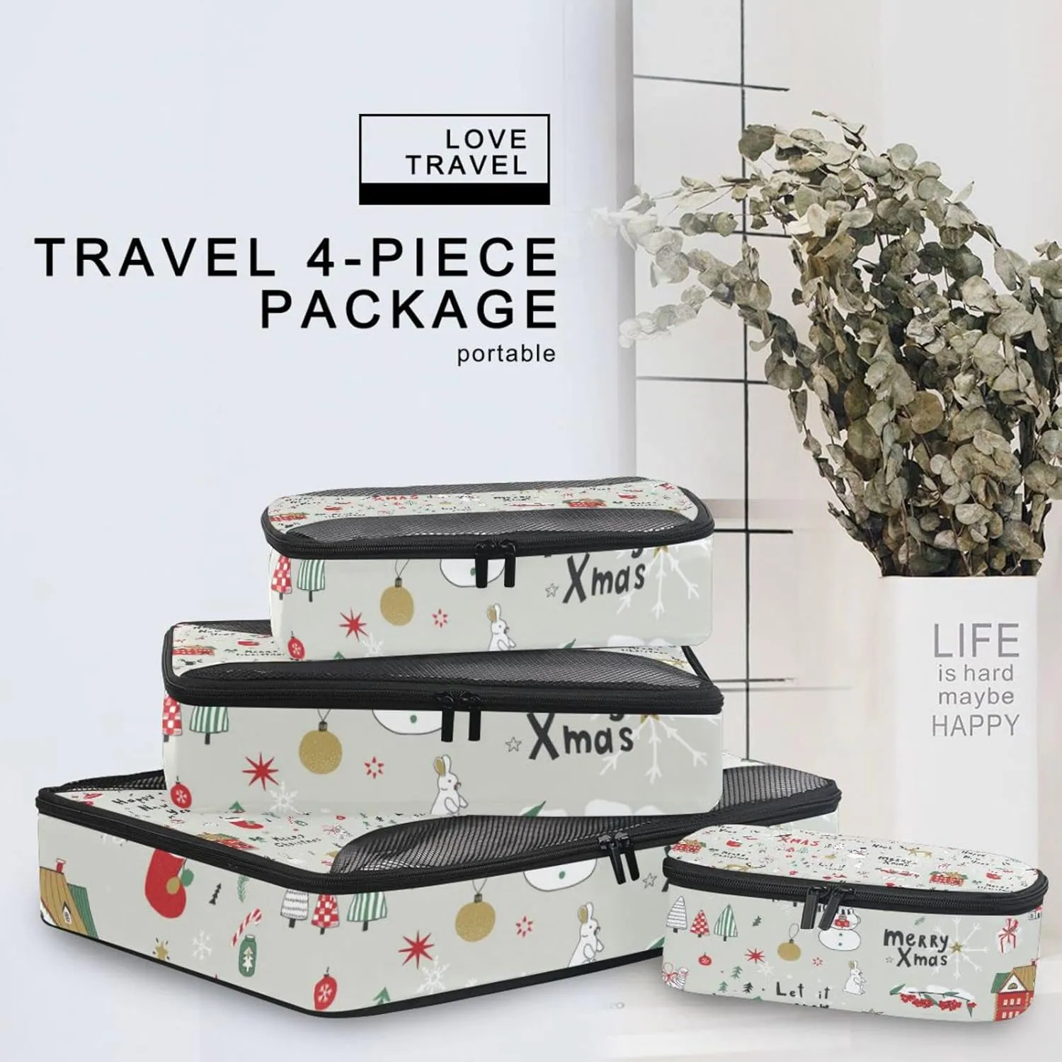 Merry Christmas Cartoon Reindeers Snowman Trees on Grey 4 PCs Set Packing Bags, Luggage Organizer Bag, Portable Cube Toiletry bag, Durable Travel Cosmetic Storage Bag for Men Women