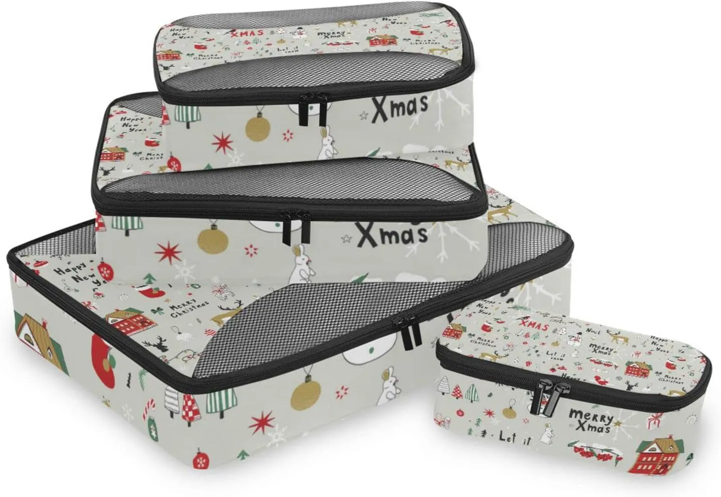 Merry Christmas Cartoon Reindeers Snowman Trees on Grey 4 PCs Set Packing Bags, Luggage Organizer Bag, Portable Cube Toiletry bag, Durable Travel Cosmetic Storage Bag for Men Women
