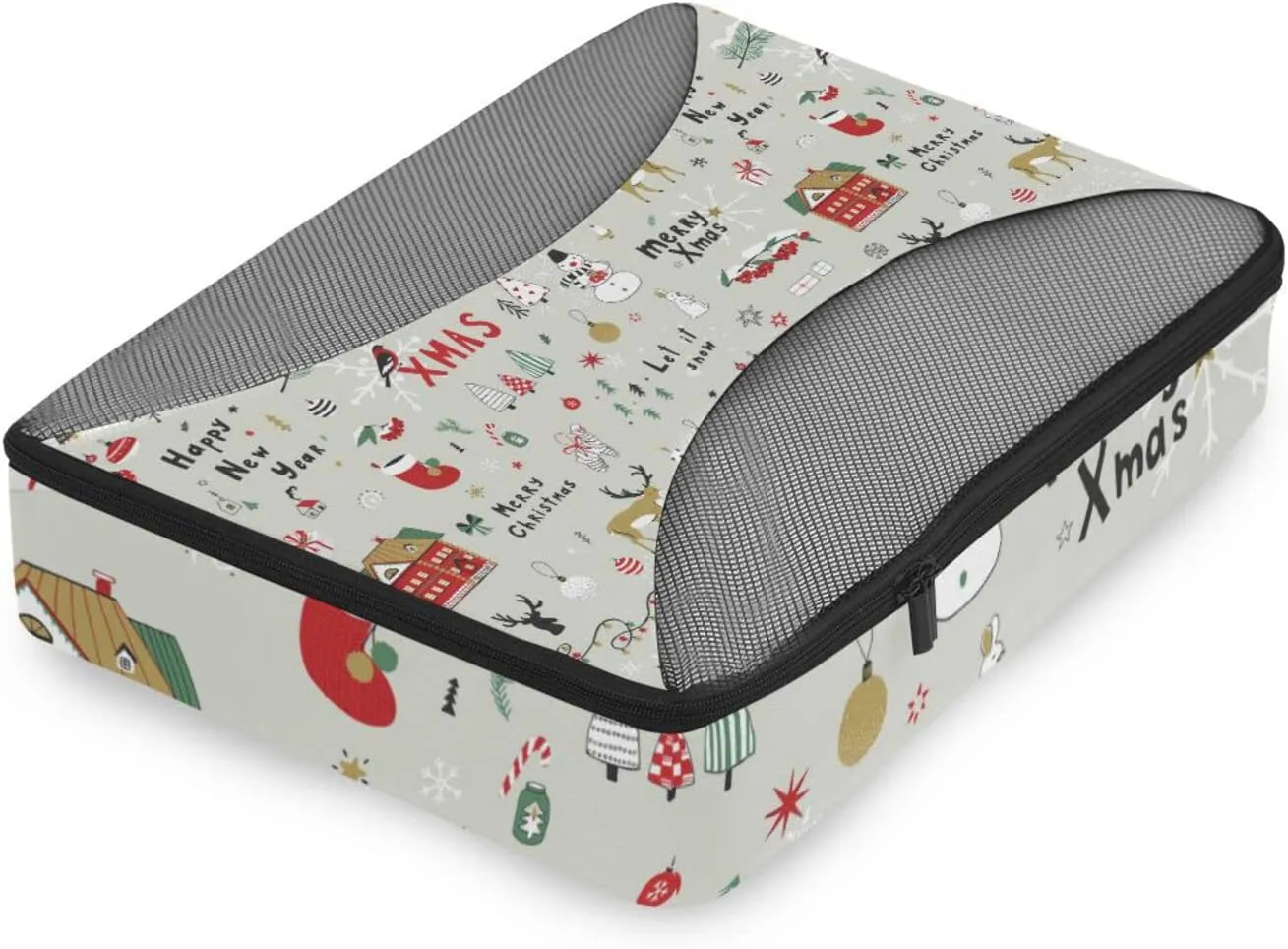 Merry Christmas Cartoon Reindeers Snowman Trees on Grey 4 PCs Set Packing Bags, Luggage Organizer Bag, Portable Cube Toiletry bag, Durable Travel Cosmetic Storage Bag for Men Women