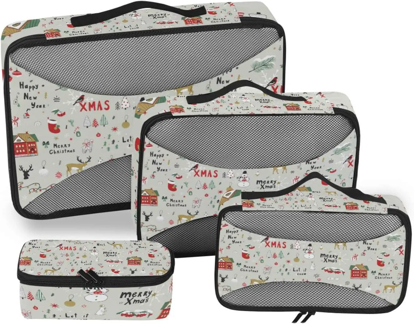 Merry Christmas Cartoon Reindeers Snowman Trees on Grey 4 PCs Set Packing Bags, Luggage Organizer Bag, Portable Cube Toiletry bag, Durable Travel Cosmetic Storage Bag for Men Women