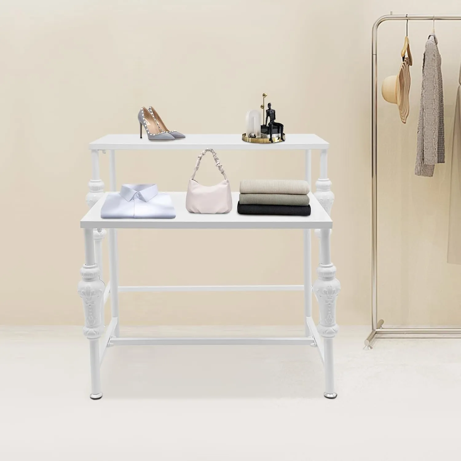 Metal Shoe Handbag Display Stand, 2Pcs Retail Nesting Display Tables, Heavy Duty Boutique Display Riser Shelf Modern Standing Clothing Shoes Display Rack for Retail Stores, White