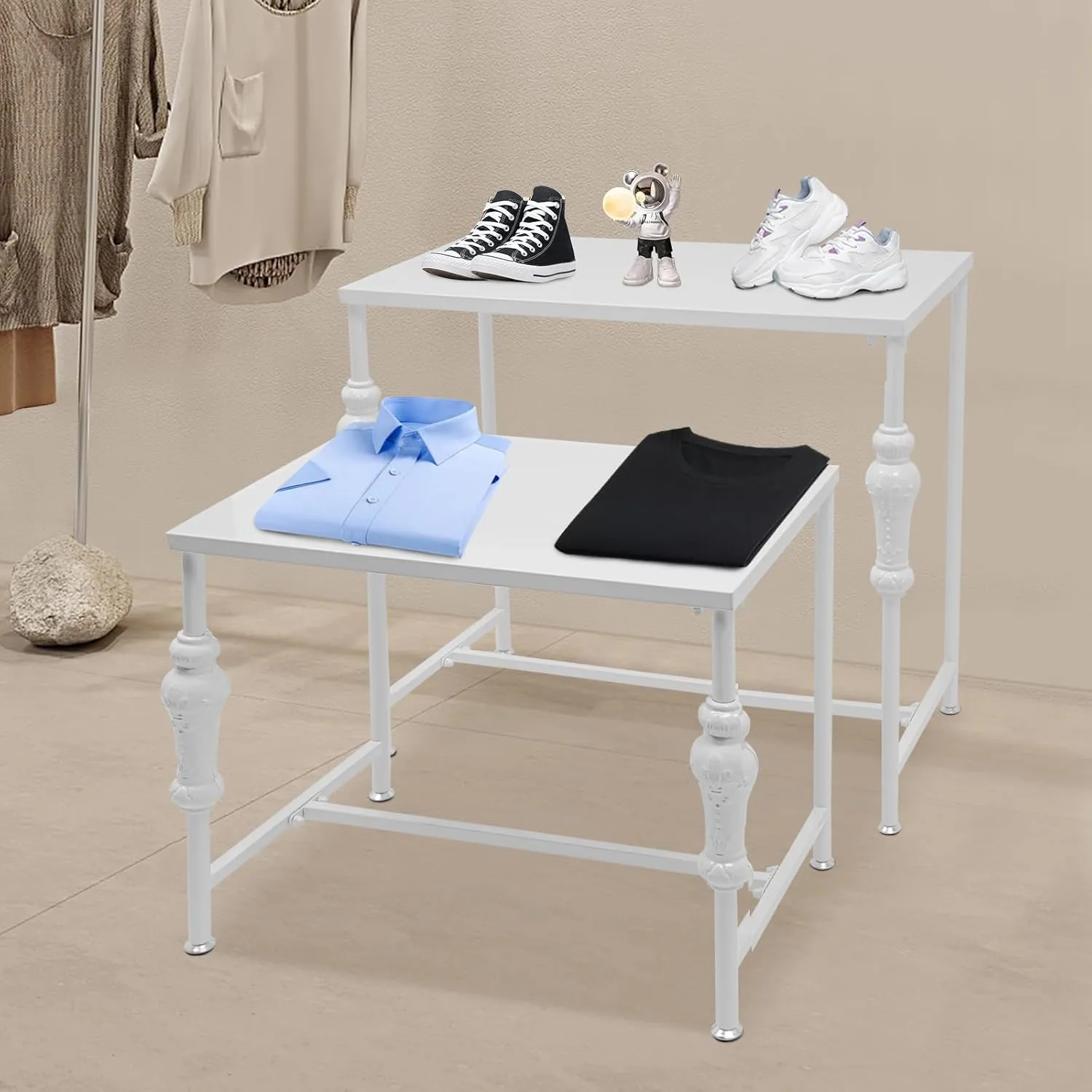 Metal Shoe Handbag Display Stand, 2Pcs Retail Nesting Display Tables, Heavy Duty Boutique Display Riser Shelf Modern Standing Clothing Shoes Display Rack for Retail Stores, White