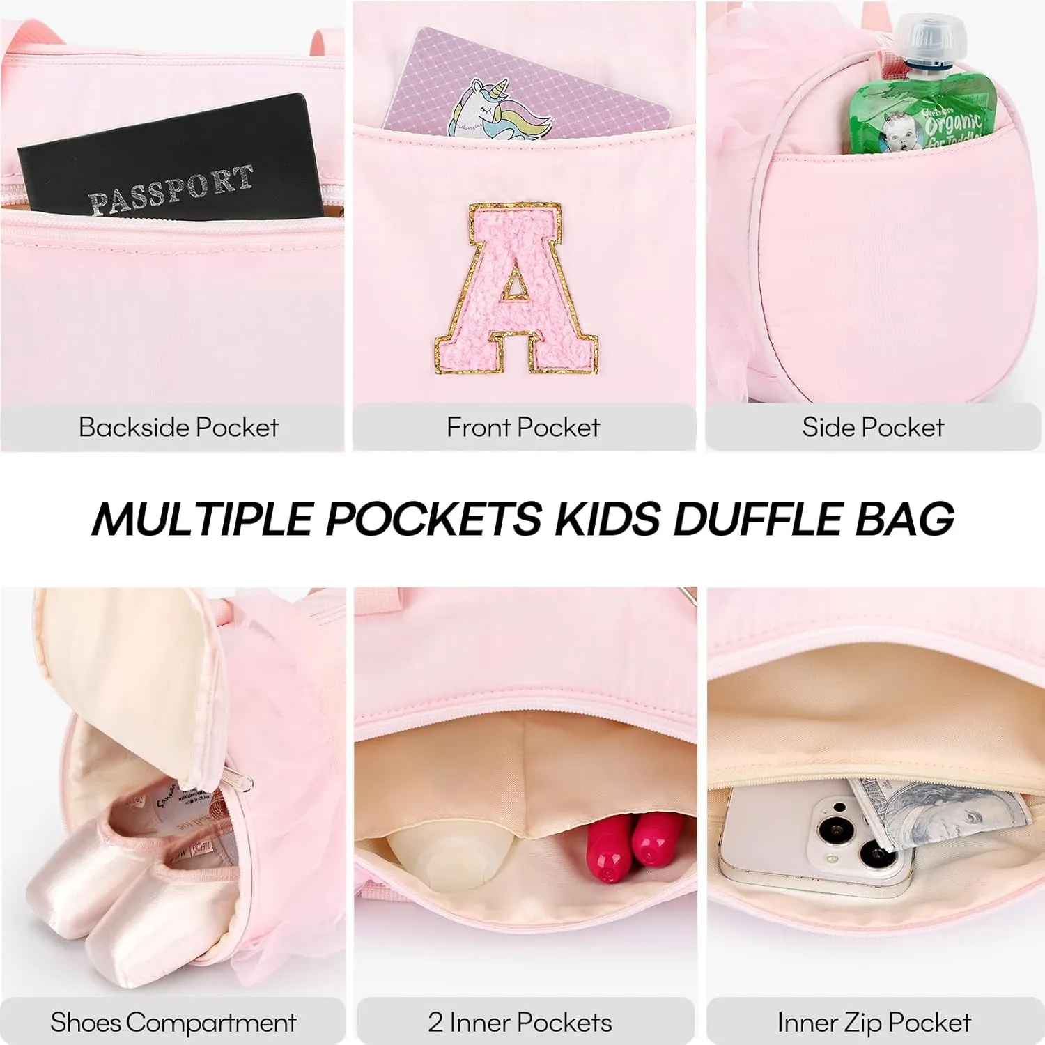 mibasies Dance Bag for Girls 6-8: Kids Duffle Bag - Ballet Bags for Girls 6-8 - Personalized Letter Girls Gifts Medium Pink A