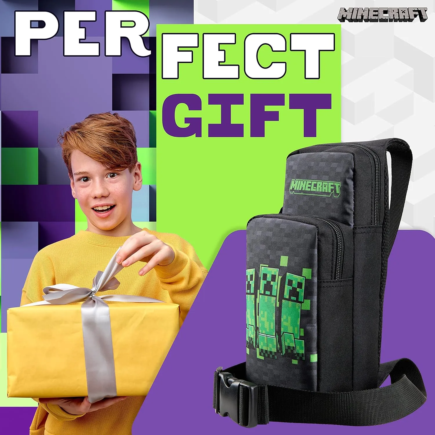 Minecraft Crossbody Bag for Boys Teens Creeper Sling Bag Chest Bag for Travel (Black/Green)