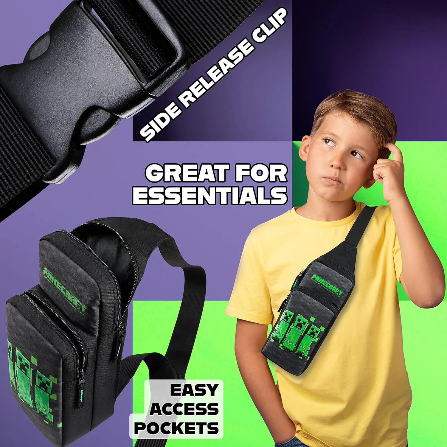 Minecraft Crossbody Bag for Boys Teens Creeper Sling Bag Chest Bag for Travel (Black/Green)