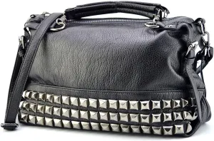 Mn&Sue Modern Punk Pu Leather Cross Body Silvery Rivet Studded Shoulder Nightclub Hobo Handbag for Lady