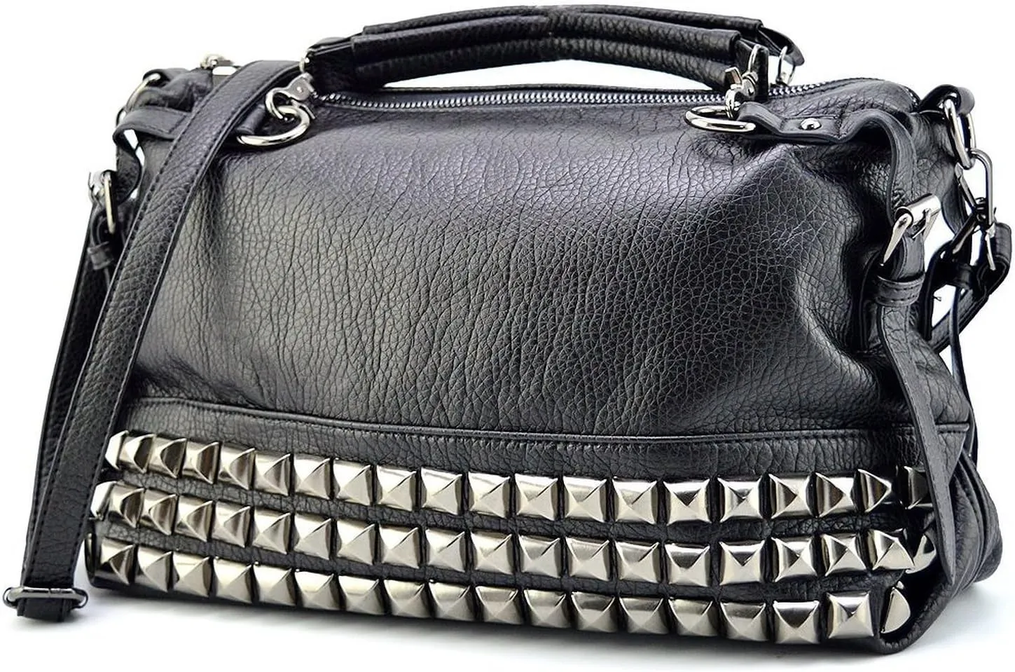 Mn&Sue Modern Punk Pu Leather Cross Body Silvery Rivet Studded Shoulder Nightclub Hobo Handbag for Lady