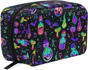 MNSRUU Small Cosmetic Bag for Girl Women Travel, Psychedelic Mushroom Bat Purple Makeup Toiletry Organizer Bags with Compartments