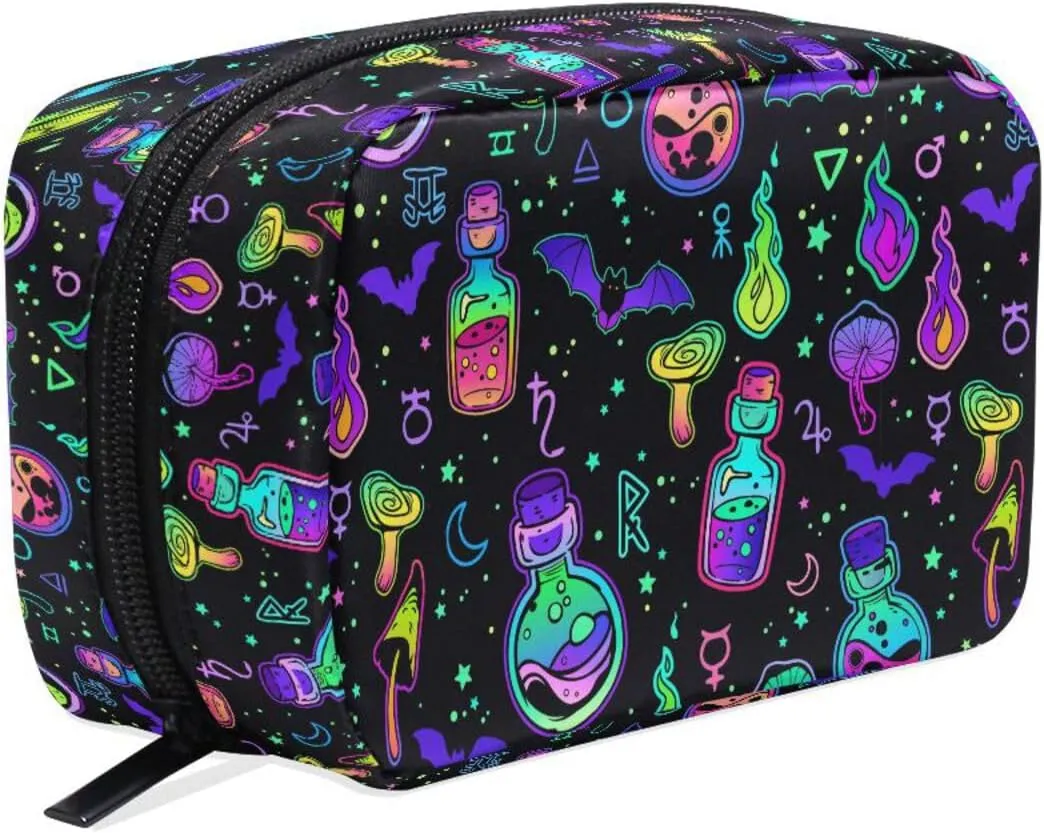 MNSRUU Small Cosmetic Bag for Girl Women Travel, Psychedelic Mushroom Bat Purple Makeup Toiletry Organizer Bags with Compartments