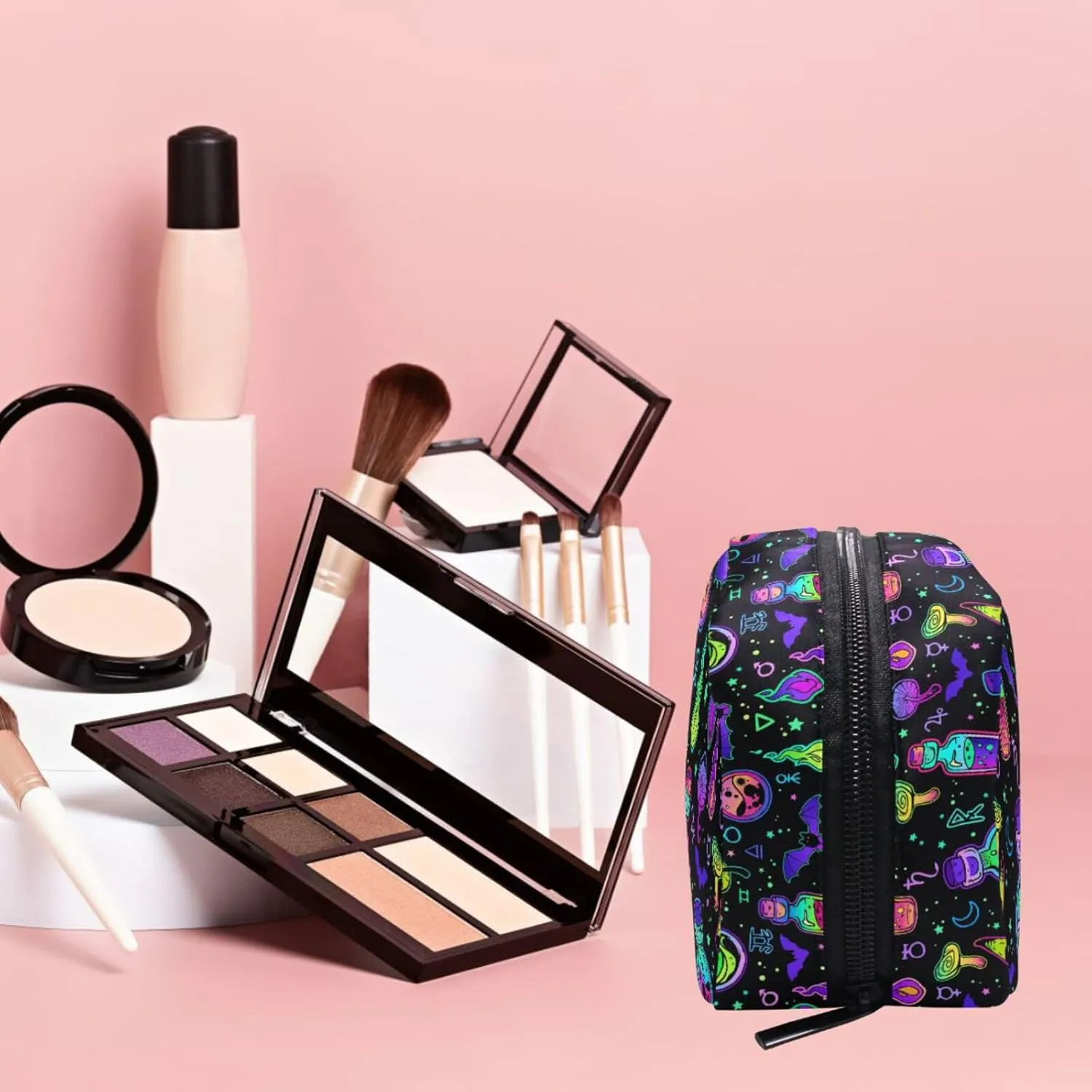 MNSRUU Small Cosmetic Bag for Girl Women Travel, Psychedelic Mushroom Bat Purple Makeup Toiletry Organizer Bags with Compartments