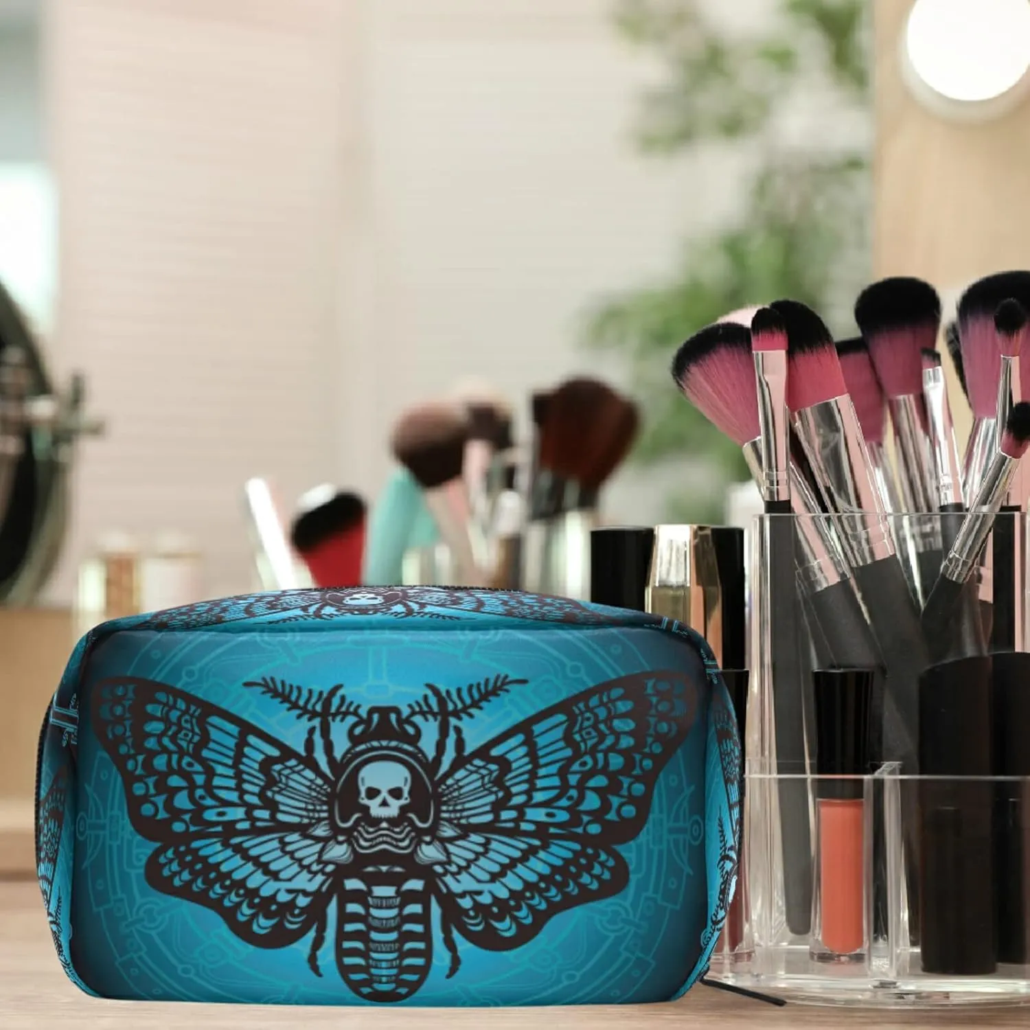 MNSRUU Small Cosmetic Bag for Girl Women Travel, Skull Butterfly Makeup Toiletry Organizer Bags with Compartments