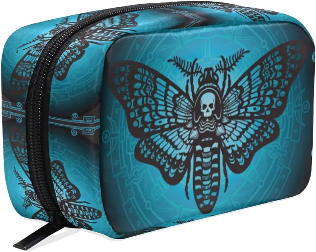 MNSRUU Small Cosmetic Bag for Girl Women Travel, Skull Butterfly Makeup Toiletry Organizer Bags with Compartments