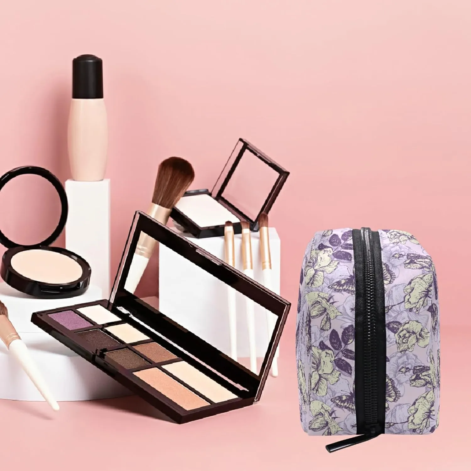 MNSRUU Small Cosmetic Bag for Girl Women Travel, Vintage Butterfly and Flowers Makeup Toiletry Organizer Bags with Compartments