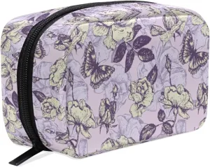MNSRUU Small Cosmetic Bag for Girl Women Travel, Vintage Butterfly and Flowers Makeup Toiletry Organizer Bags with Compartments