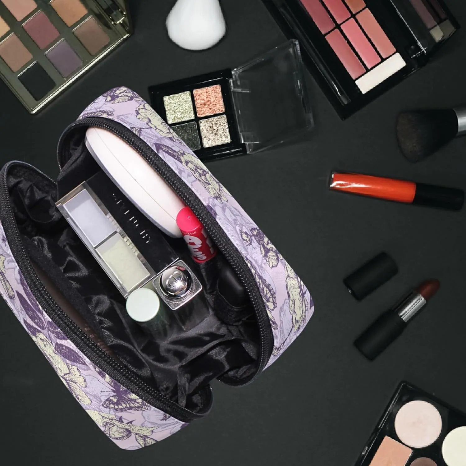 MNSRUU Small Cosmetic Bag for Girl Women Travel, Vintage Butterfly and Flowers Makeup Toiletry Organizer Bags with Compartments