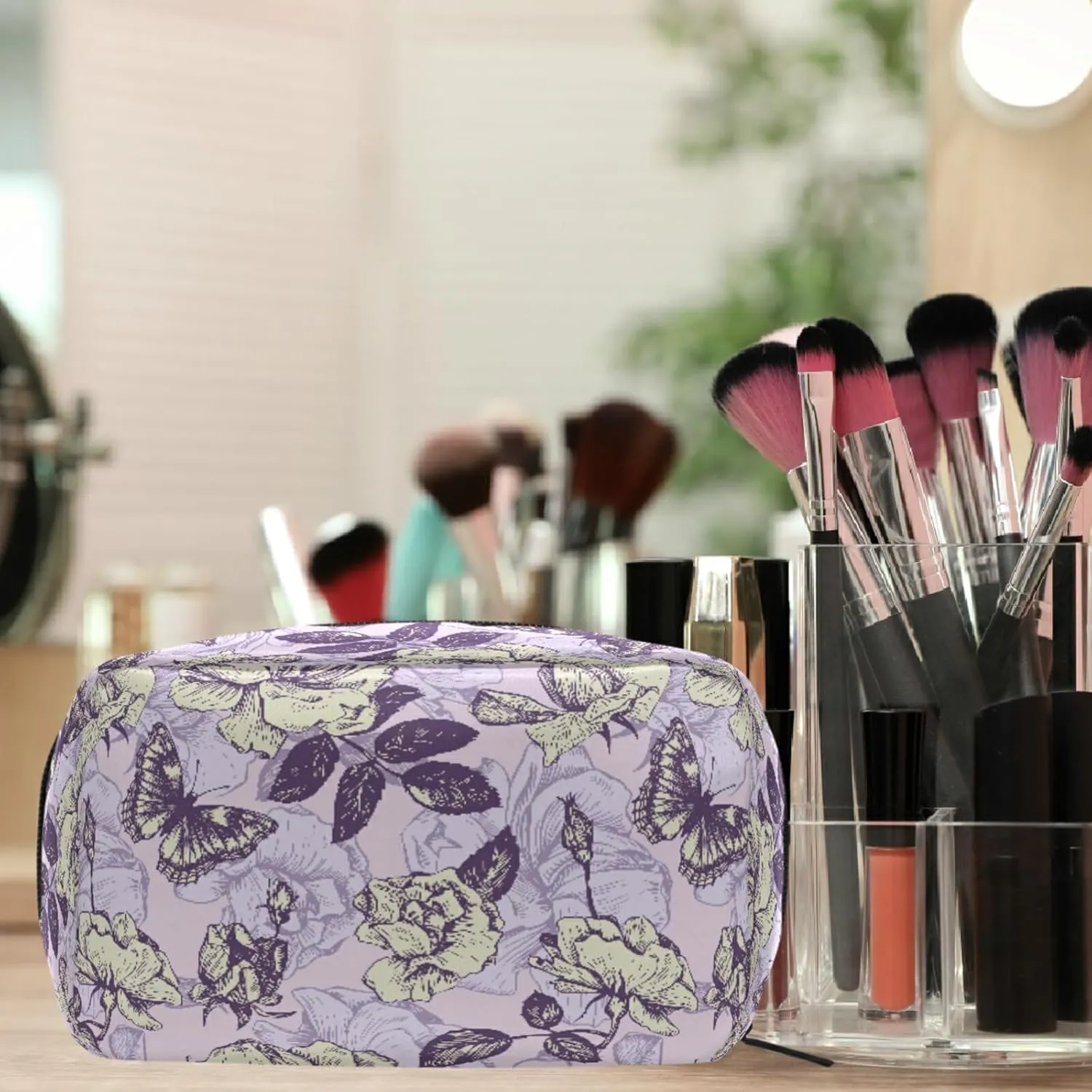 MNSRUU Small Cosmetic Bag for Girl Women Travel, Vintage Butterfly and Flowers Makeup Toiletry Organizer Bags with Compartments