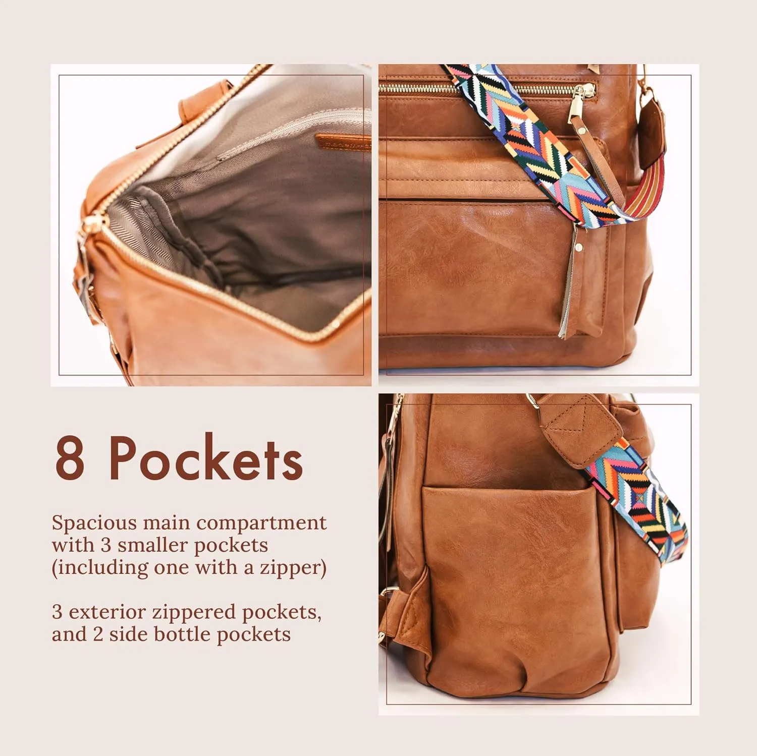 Modern Chic Backpack Purse for Women - Brielle Convertible Bag, Use as Diaper Bag, Shoulder Bag, or Womens Backpack, Made of Vegan Leather with Removable Strap and Exterior/Interior Pockets (Camel)