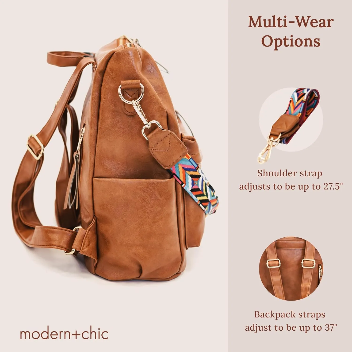 Modern Chic Backpack Purse for Women - Brielle Convertible Bag, Use as Diaper Bag, Shoulder Bag, or Womens Backpack, Made of Vegan Leather with Removable Strap and Exterior/Interior Pockets (Camel)