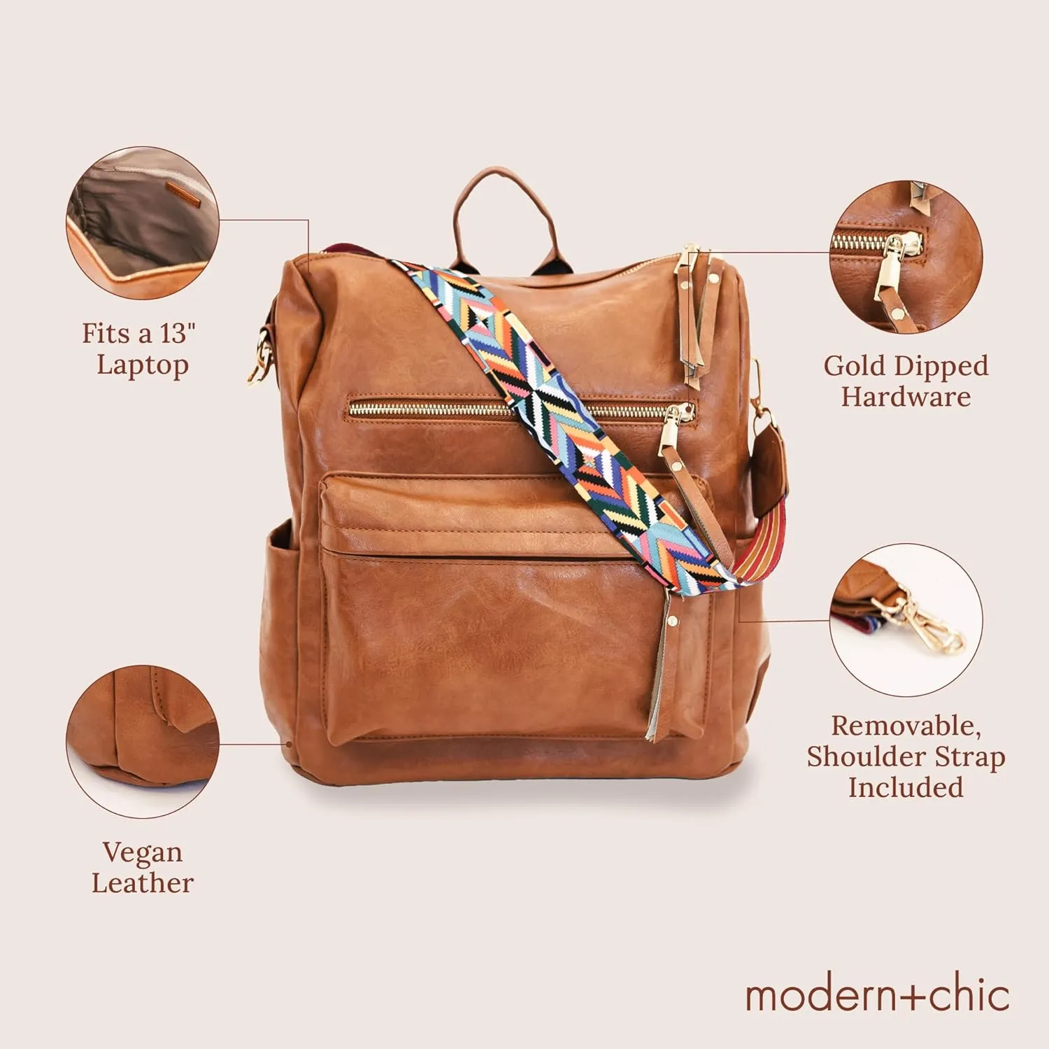 Modern Chic Backpack Purse for Women - Brielle Convertible Bag, Use as Diaper Bag, Shoulder Bag, or Womens Backpack, Made of Vegan Leather with Removable Strap and Exterior/Interior Pockets (Camel)