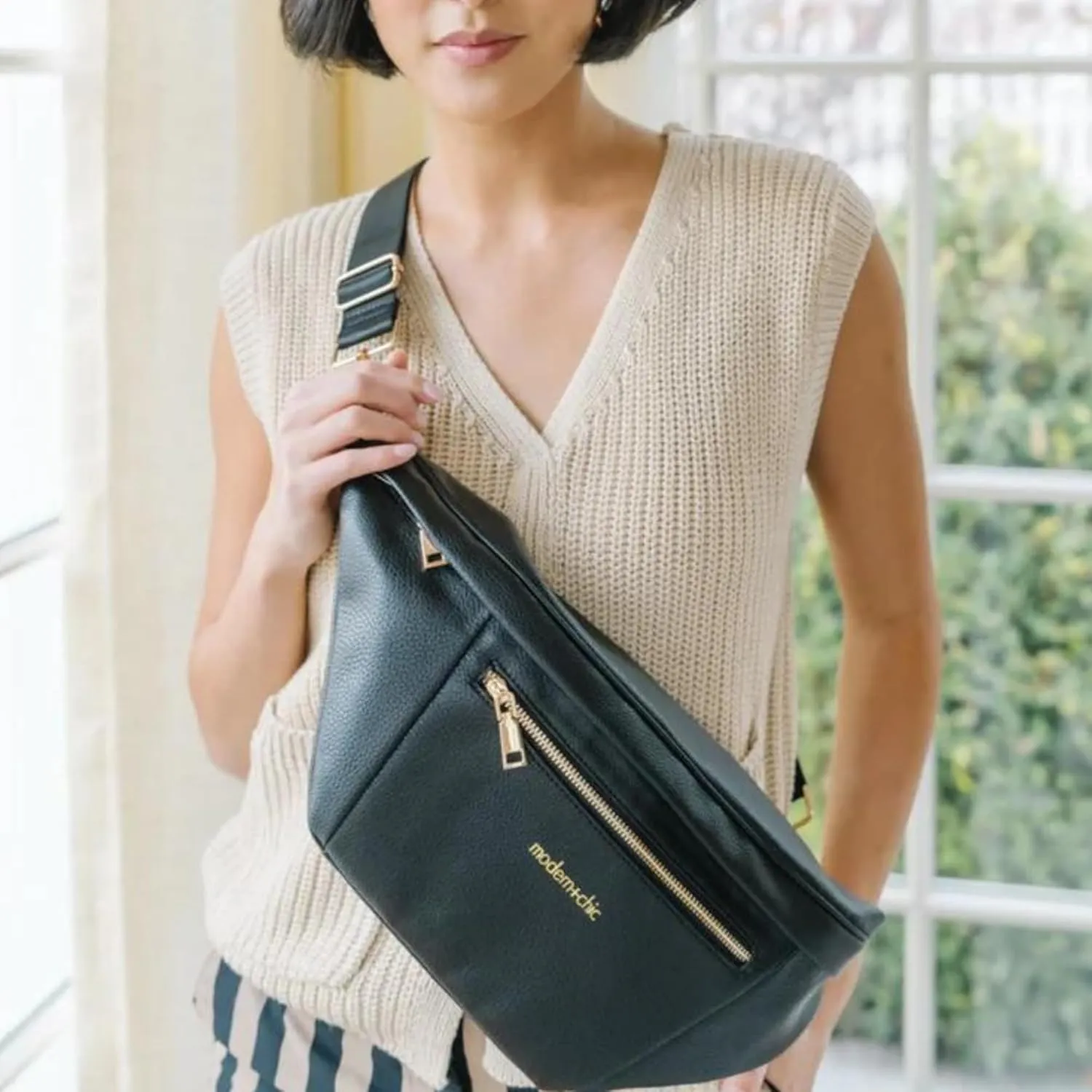 Modern Chic Sling Bags for Women - Presley Oversized Sling Bag, Vegan Leather Crossbody Bag with Strap & Multiple Pockets (Black)