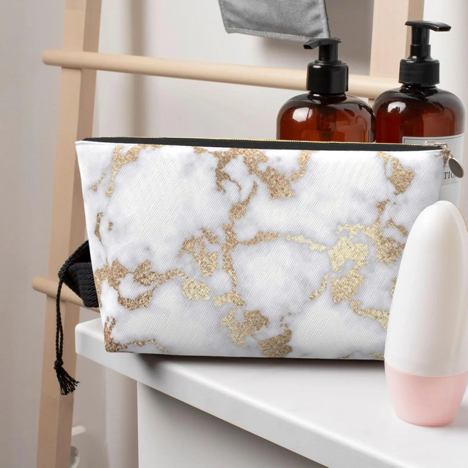modern chic white gold foil marble Cosmetic Bag Travel Makeup Bag Organizer Toiletry Bag with Zipper Storage Pouch Coin Purse Brushes for Women Girls Gifts