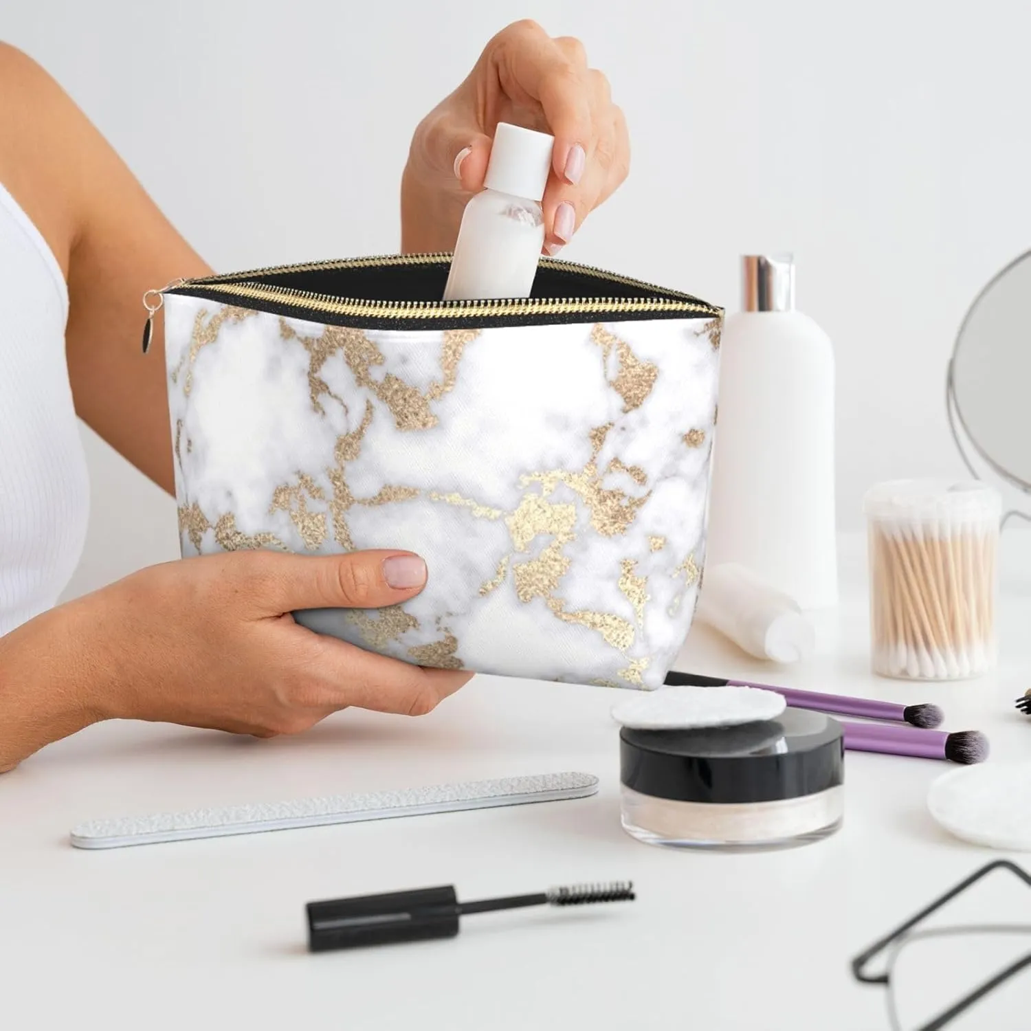 modern chic white gold foil marble Cosmetic Bag Travel Makeup Bag Organizer Toiletry Bag with Zipper Storage Pouch Coin Purse Brushes for Women Girls Gifts
