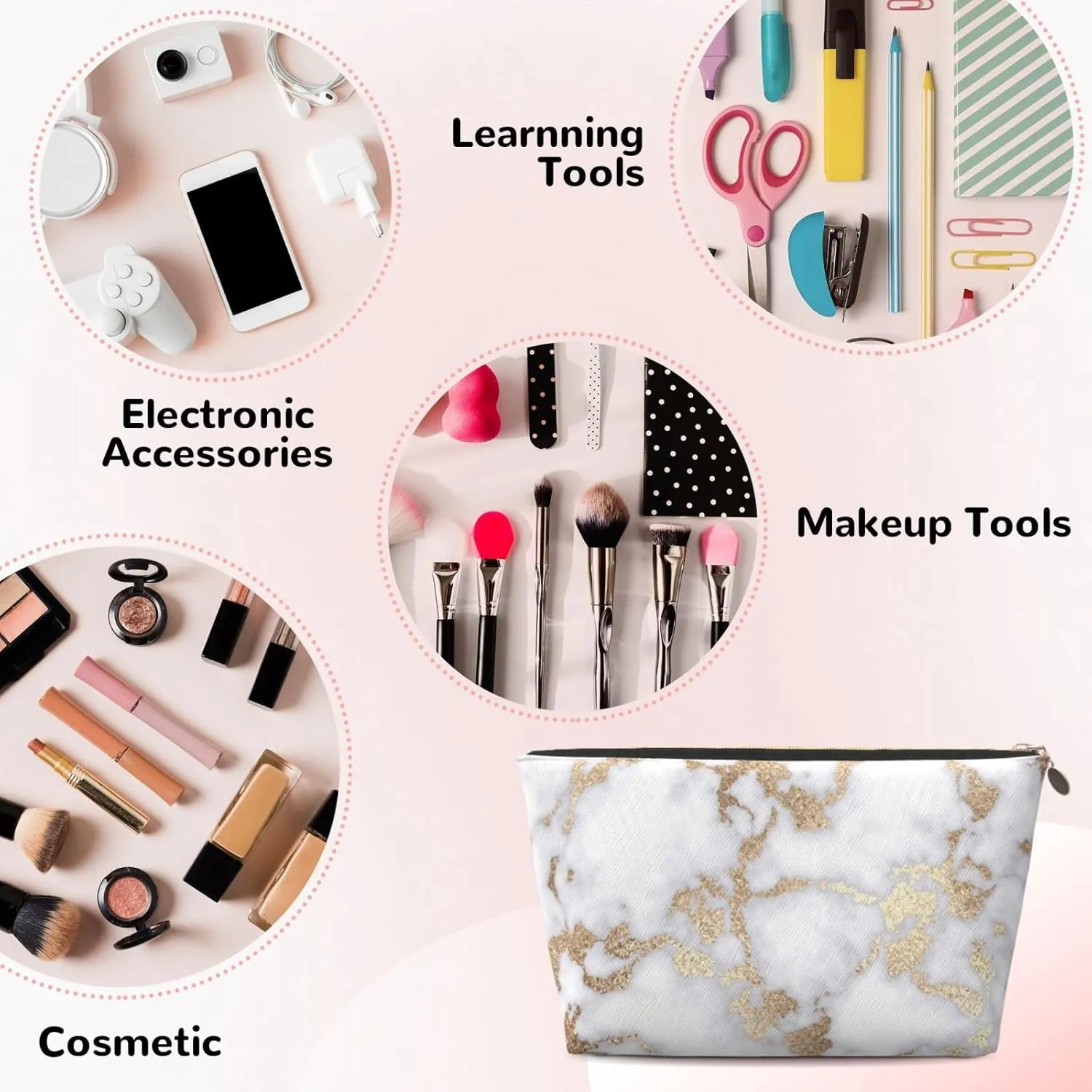 modern chic white gold foil marble Cosmetic Bag Travel Makeup Bag Organizer Toiletry Bag with Zipper Storage Pouch Coin Purse Brushes for Women Girls Gifts