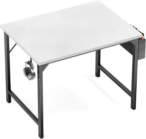 Modern Minimalist Computer Desk - Robust Home Office Desk with Eco-Friendly Desktop, Storage Bag & Hook - for Study, Writing desks, Workspace Organization (White, 30-inch)