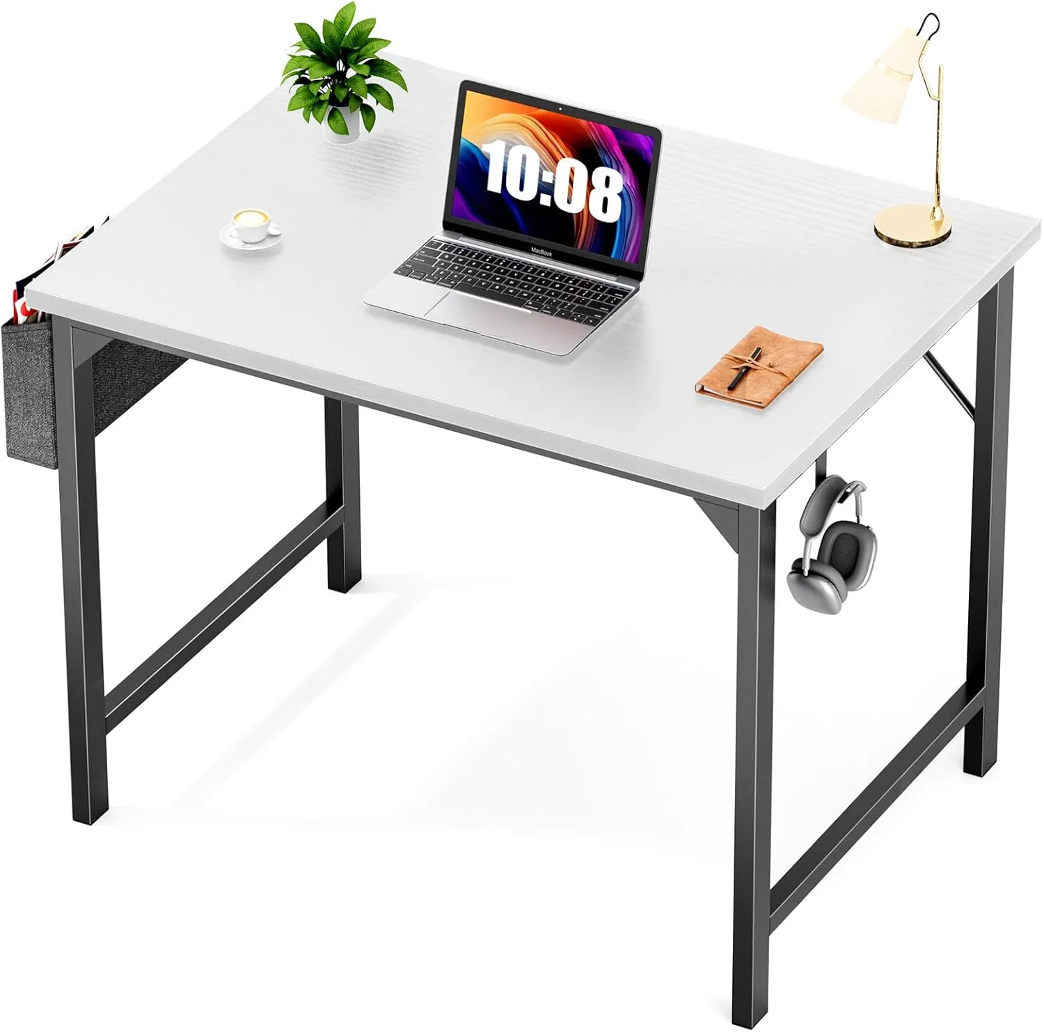 Modern Minimalist Computer Desk - Robust Home Office Desk with Eco-Friendly Desktop, Storage Bag & Hook - for Study, Writing desks, Workspace Organization (White, 30-inch)