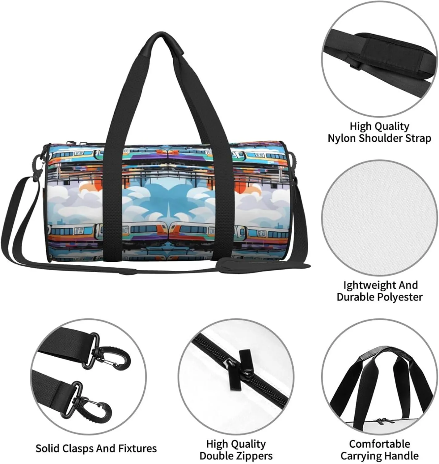 Monorail Train Travel Duffle Bag for Men Women Sport Gym Bag Foldable Weekender Bag Carry on Overnight Bag for Travel Swimming Basketball