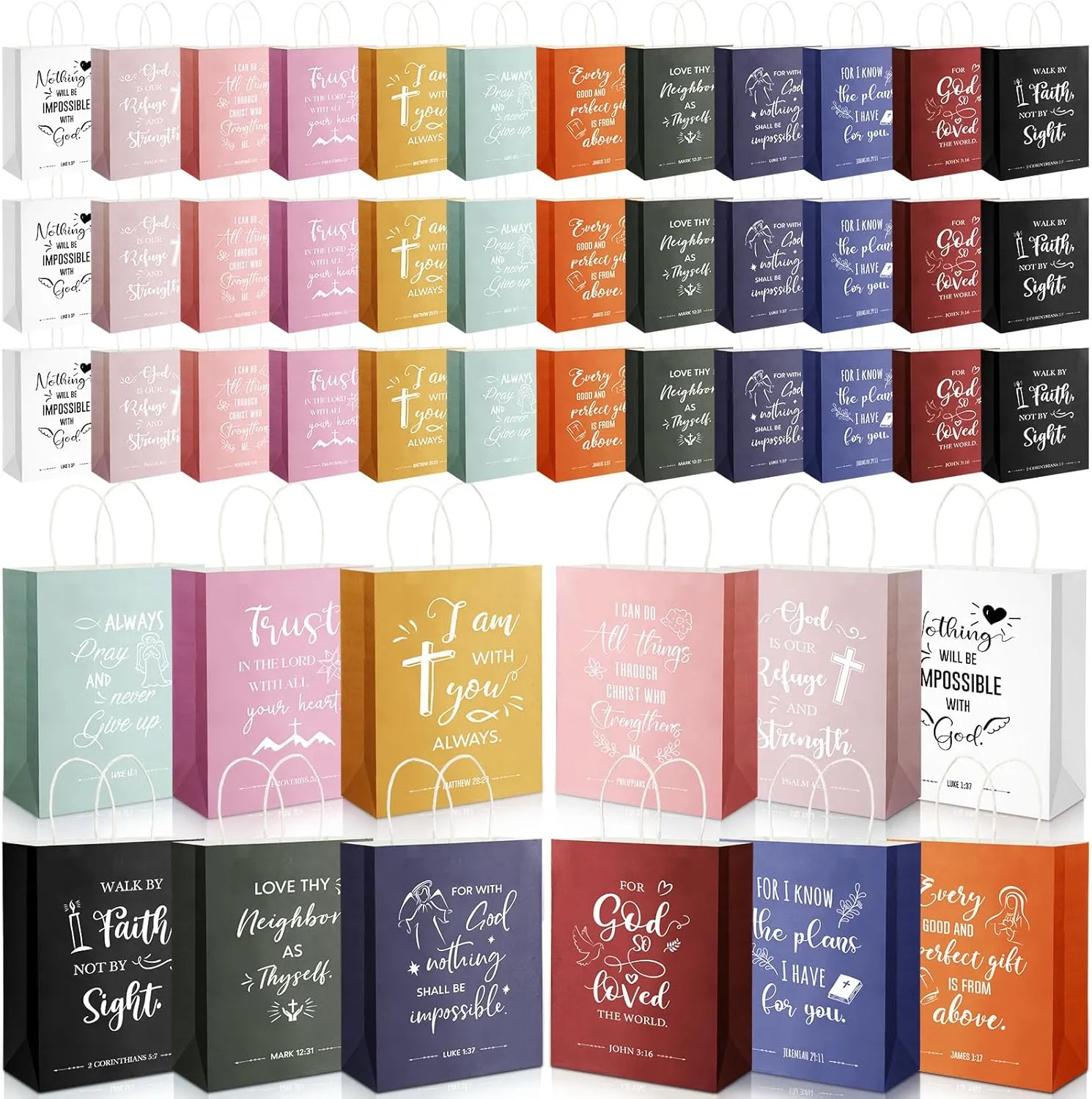 Mooliwe 60 Pcs Religious Bible Verse Bags Bulk Church Welcome Christian Paper Gift Bags with Handles for Guests Gifts Souvenirs Baptism Sunday School Church Events Birthday Party Favors, 12 Styles