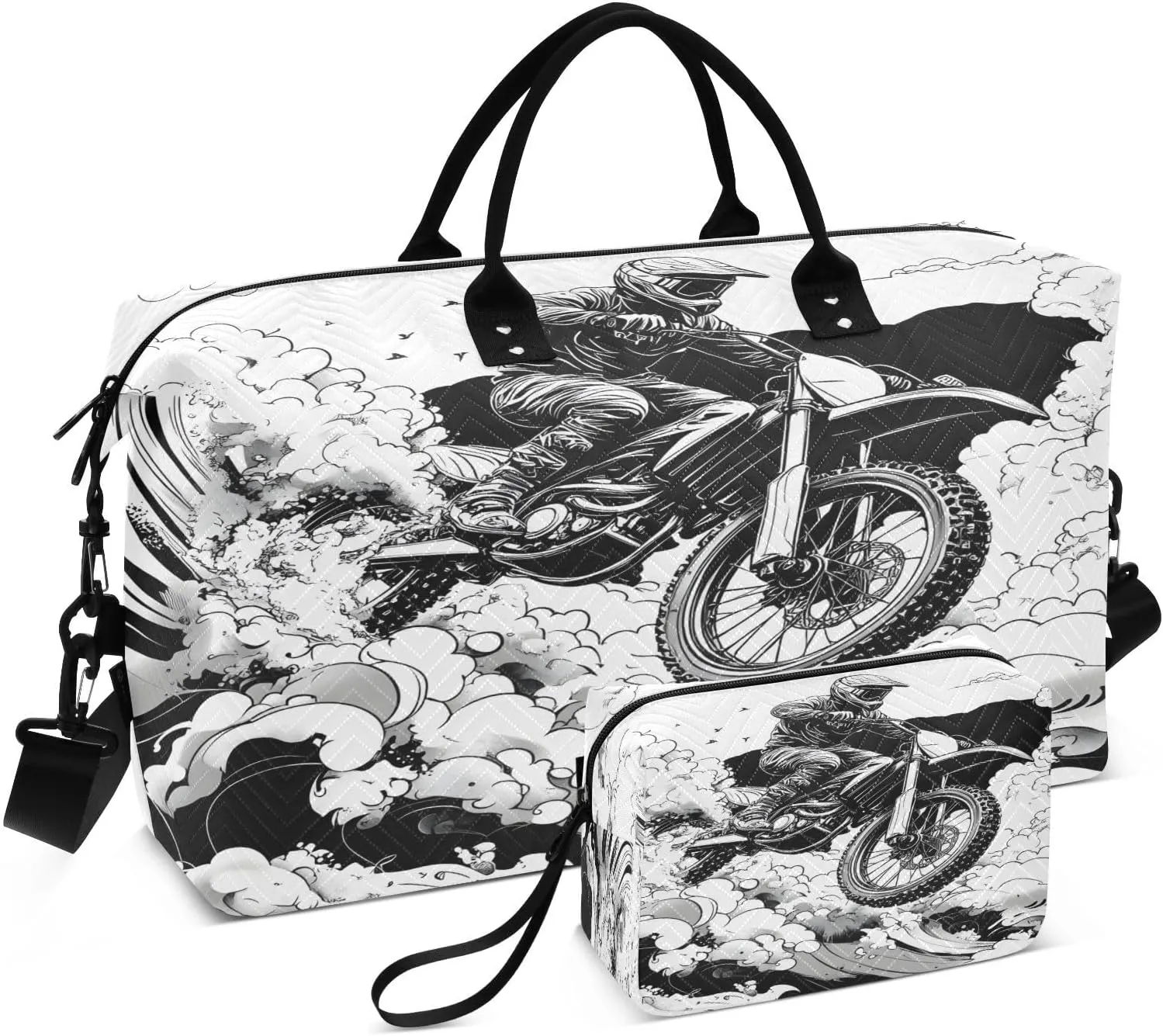 Motorcycle Rider Travel Duffel Bags 2PCS,Sports Duffel Bags for Men Women,Weekender Overnight Bag Gym Tote Bag with Toiletry Bag
