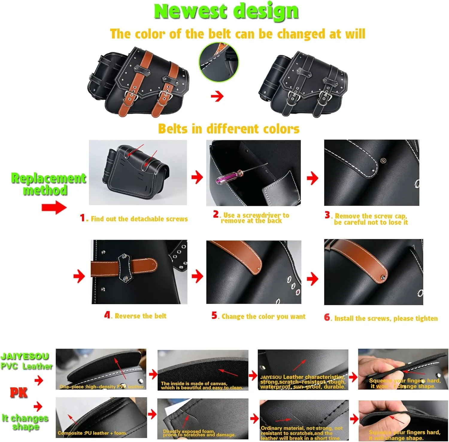 Motorcycle Saddle Bags Side Bags|Saddlebags|Pvc Leather Waterproof Side Swing ArmBags|SideToolBag|UniversalStorage Tool Bag for Motorbike|with cup holder|Brown belt|Black|Right